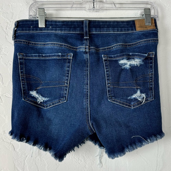 American Eagle Shorts Denim Jean Midi The Dream Dark Wash Blue Solid Ripped Knit - Picture 2 of 7
